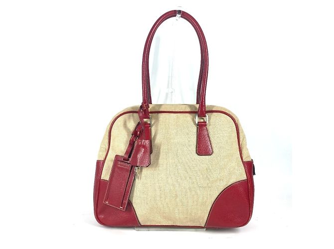 Prada Bicolor Triangle Logo Plate Bag Red Beige