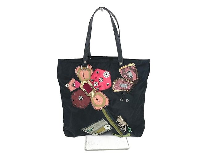 Tote Sac à épaule brodé de fleurs Prada Noir Multicolore