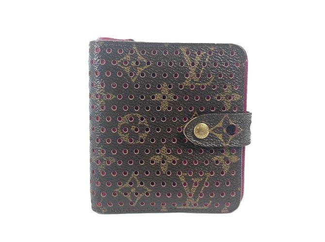 Portefeuille compact zippé perforé Monogram Louis Vuitton Marron Rose Fuschia