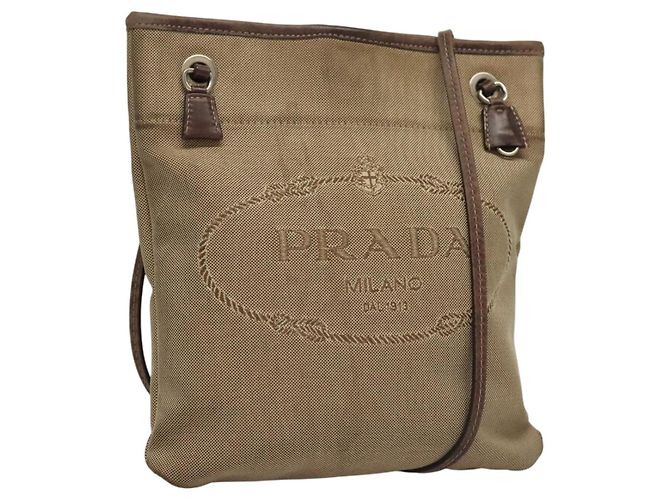 Bolsa de ombro PRADA em lona bege Auth hk2410