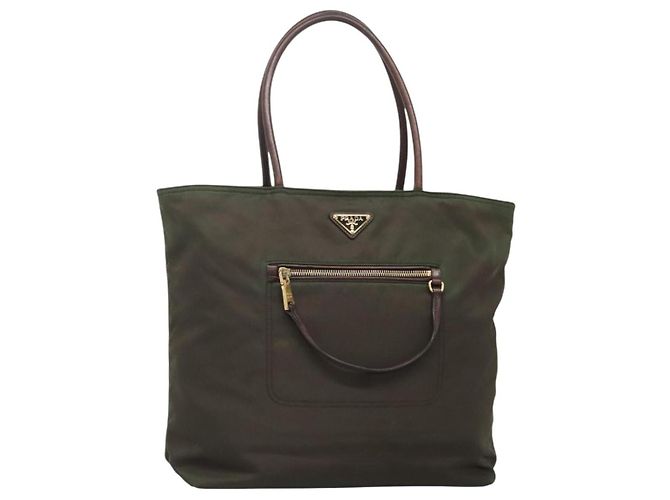 PRADA Borsa Tote Nylon Khaki Oro Auth hk2406 D'oro Cachi