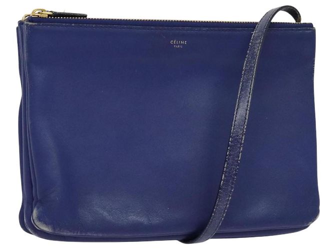 Céline Bolsa de ombro CELINE Trio em couro azul dourado Auth EC863