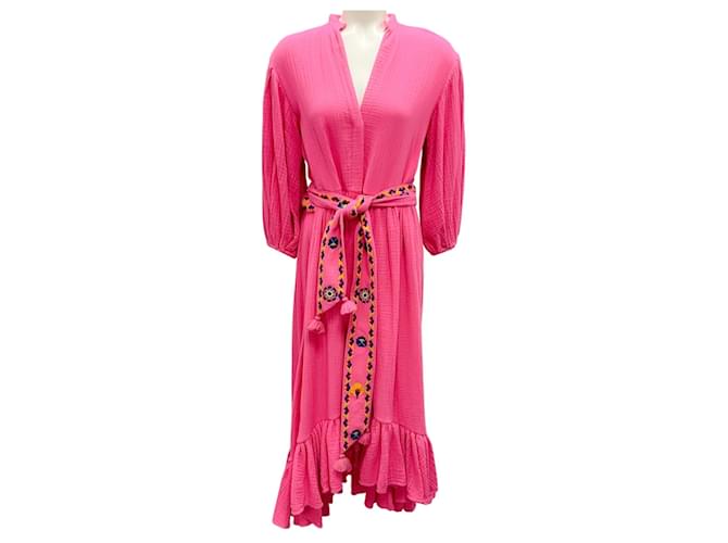 Autre Marque Figue Fuchsia Pink Athena V-Neck Embroidered High Low Midi Dress Cotton  ref.2133223
