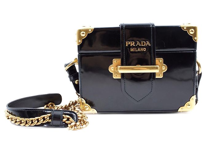 Sac Prada Cahier Mini Box en cuir verni noir