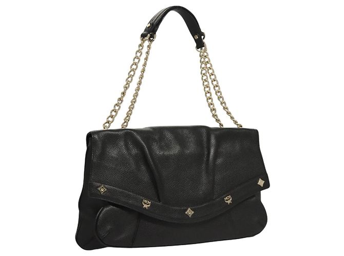 Bolsa de ombro MCM em couro preto e dourado Auth MY306