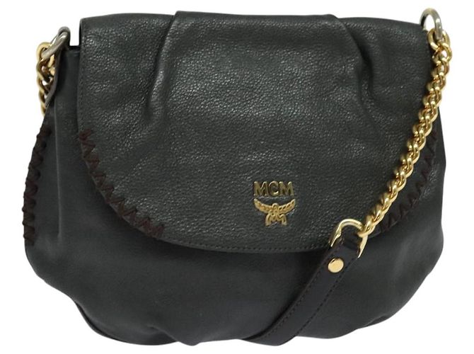 Bolsa de ombro MCM em couro cinza dourado Auth MY336 Marrom