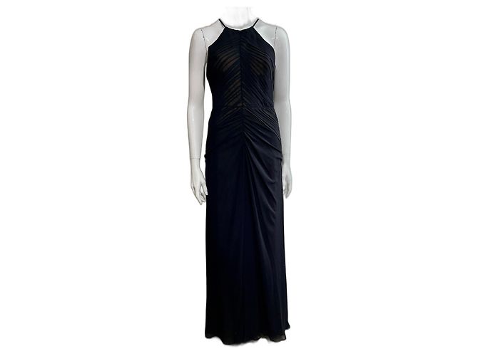 Vera Wang Schwarzes Chiffon-Abendkleid mit Akkordeonfalten Beige
