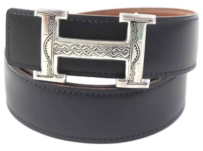 Hermès Hermes Silver H Logo Reversible Belt Black Metal  ref.2133935
