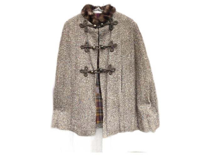 Autre Marque Capa de Tweed Marrón con Cuello de Visón Castaño