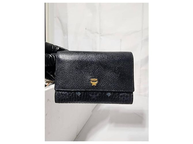 MCM Visetos beschichtete Canvas- und Lederklappbrieftasche Schwarz/Grau