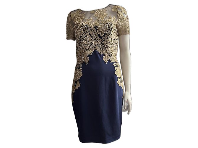 Marchesa Gold and navy cocktail gown from lace and silk Golden Navy blue