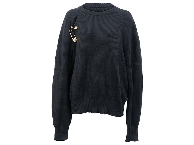 Suéter Oversized com Alfinete de Segurança Versace em Lã Preta Preto