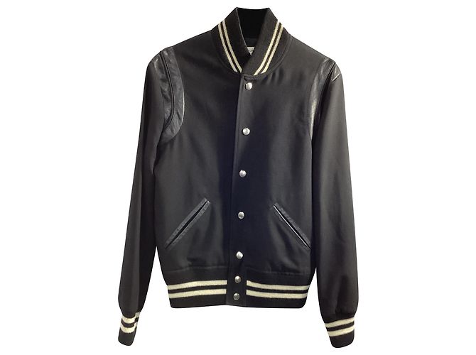 Saint Laurent Teddy Varsity-Jacke aus schwarzer Wolle