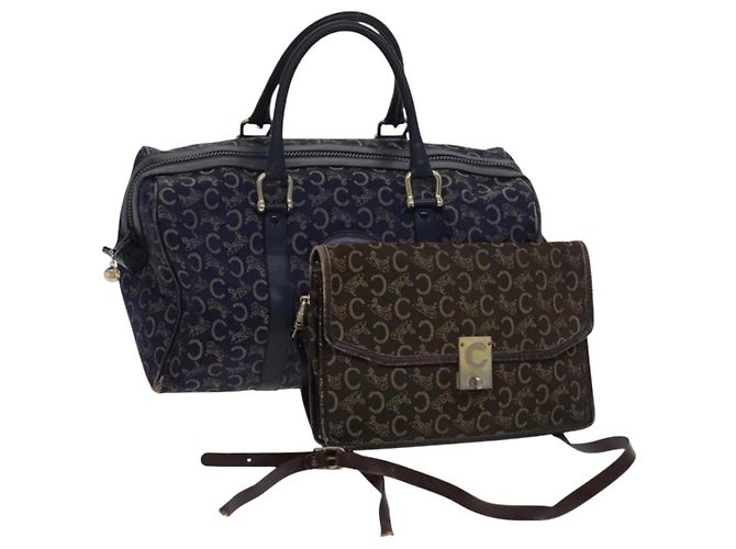 Céline Bolsa de ombro CELINE C Sulky Boston Canvas 2Set Marrom Marinho Auth EC949 Azul marinho