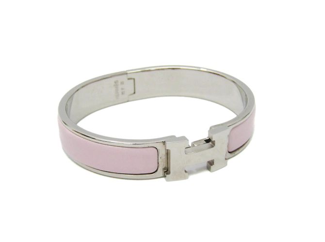 Hermès Hermes Clic Clac H Emaille- und Metallarmband Silber Pink