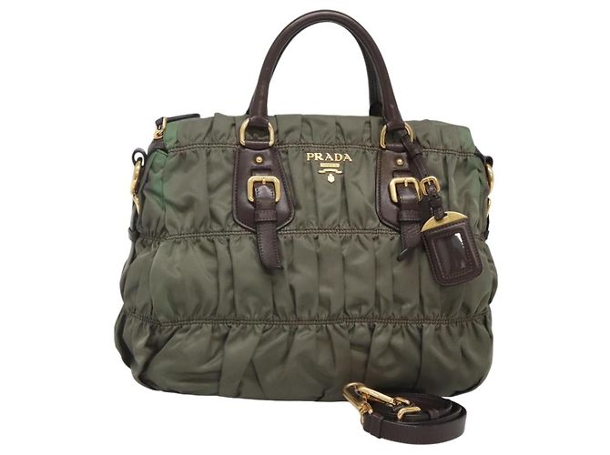 PRADA Handtasche Nylon 2 Wege Khaki Gold Auth BD1244 Golden