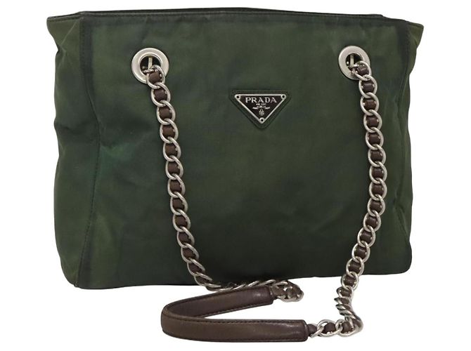 PRADA Borsa a Spalla con Catena in Nylon Verde Auth BD1448