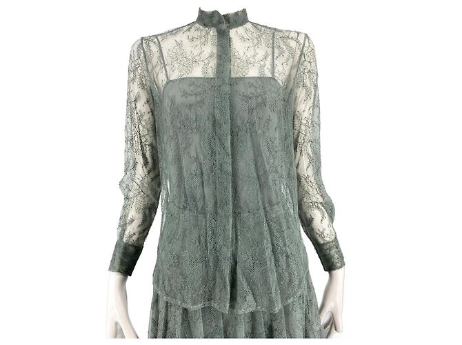 Christian Dior high-collared lace shirt Grey Olive green Light green Light blue Turquoise