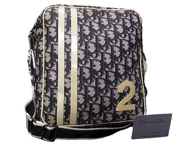 Borsa a tracolla Christian Dior blu navy e bianca con monogramma Bianco