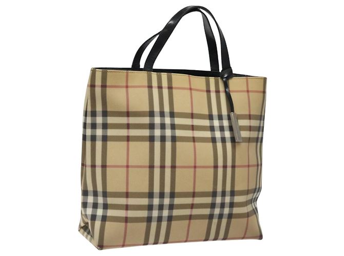 BURBERRY Nova Check Handtasche aus PVC Beige Schwarz Silber Auth BD1373