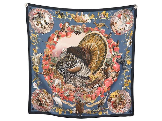 Hermès SCIALLE HERMES FAUNA E FLORE DEL TEXAS KERMIT OLIVER 90 SETA BLU
