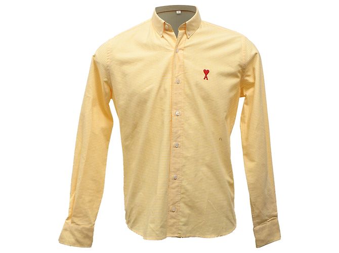 Camicia con colletto button-down AMI in cotone biologico a quadri gingham giallo con logo ricamato