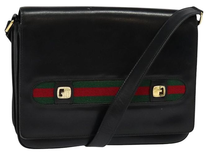 Borsa a spalla in pelle nera e dorata della linea Sherry di GUCCI Auth BD1766 Nero D'oro