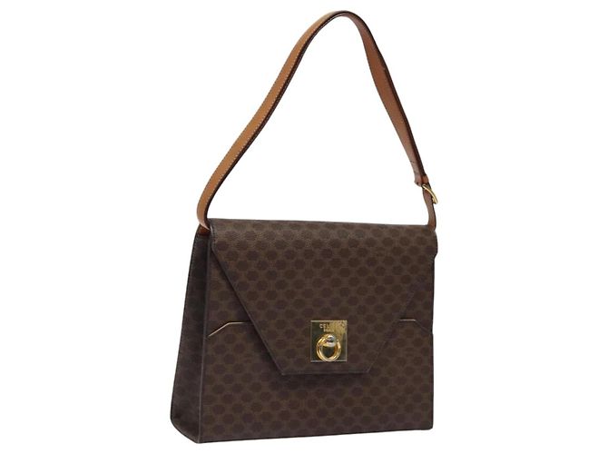 Céline Bolsa de ombro em lona Macadam CELINE em couro PVC marrom dourado Auth MX221