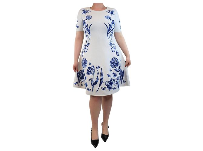 Oscar de la Renta Vestido estampado floral branco e azul - tamanho L