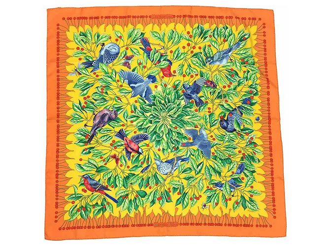 Lenço de Seda Hermès - As Cerejas Merises Pássaro Laranja Amarelo