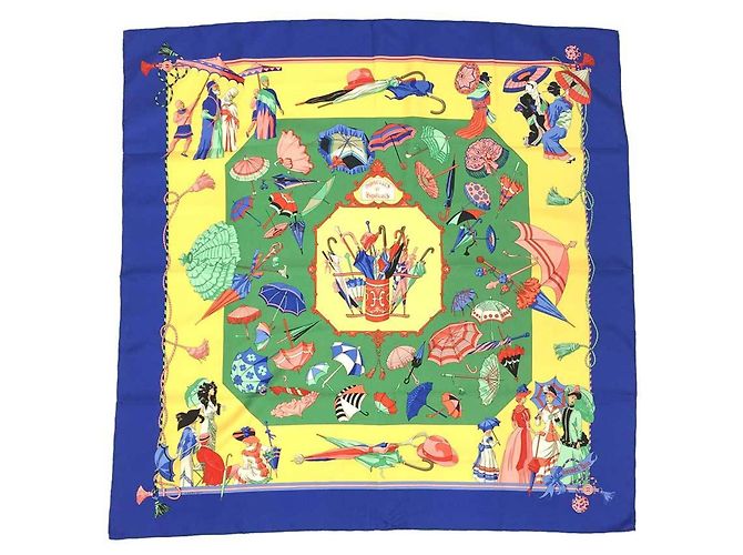 Sciarpa Hermès Carré 90 - Ombrelli e Parapioggia Blu Giallo 