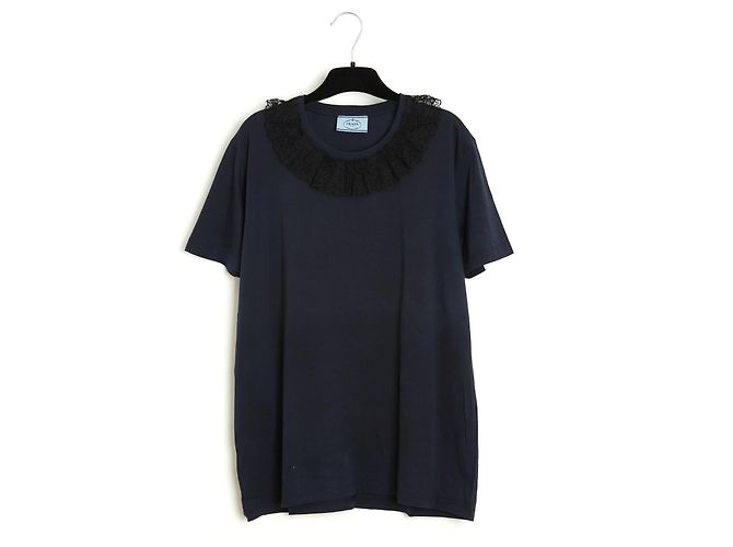 Prada 2017 Top renda FR40 Marinho Jersey Colar de renda T shirt Top UK12 US10 Azul marinho
