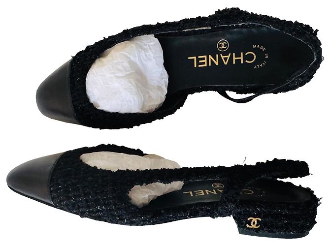 Chanel CC Tweed e Pelle Slingbacks Nero 