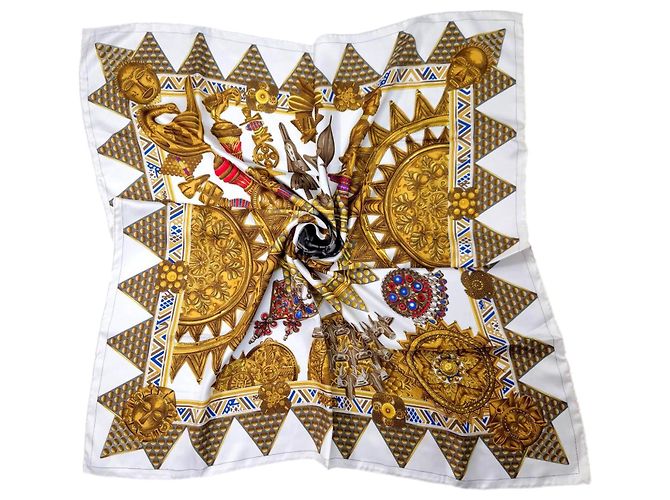 Lenço Hermès L'Or des Chefs 1997 Branco Dourado