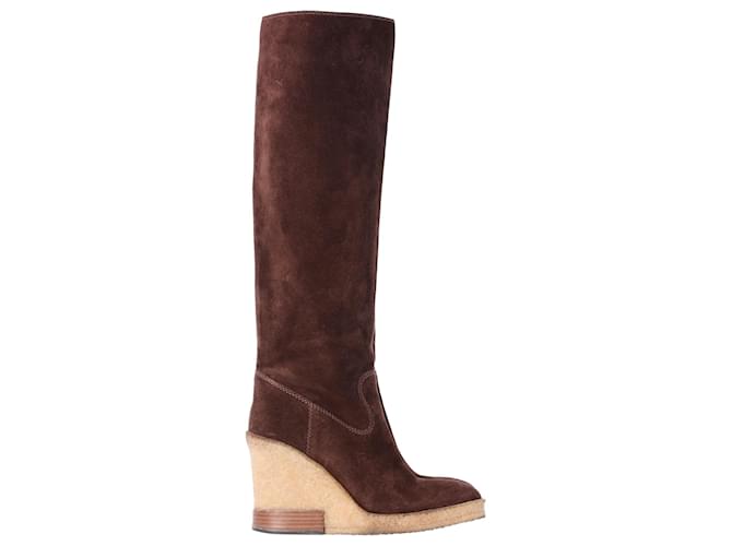 Tod's Knee-High Wedge Boots in Brown Suede Red  ref.2152881