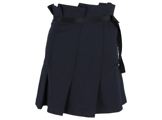 Sandro Paris Pleated Bow Mini Skirt in Navy Blue Polyester