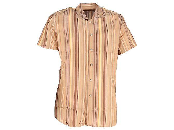 Camicia a maniche corte a righe in cotone marrone Prada