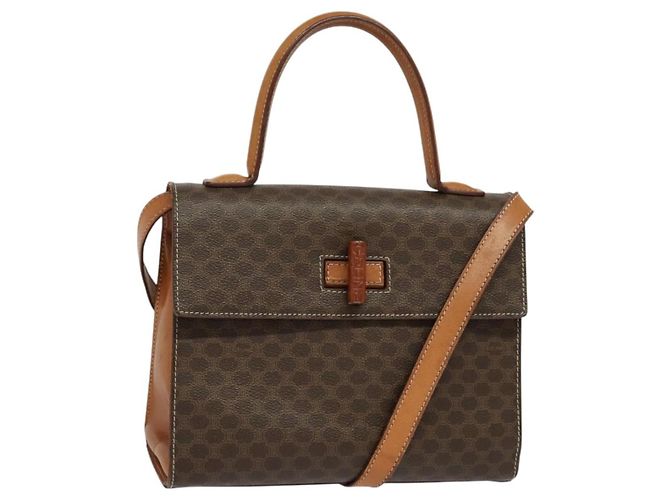 Céline CELINE Macadam Canvas Hand Bag PVC Leather 2way Brown Gold Auth BD1624 Golden