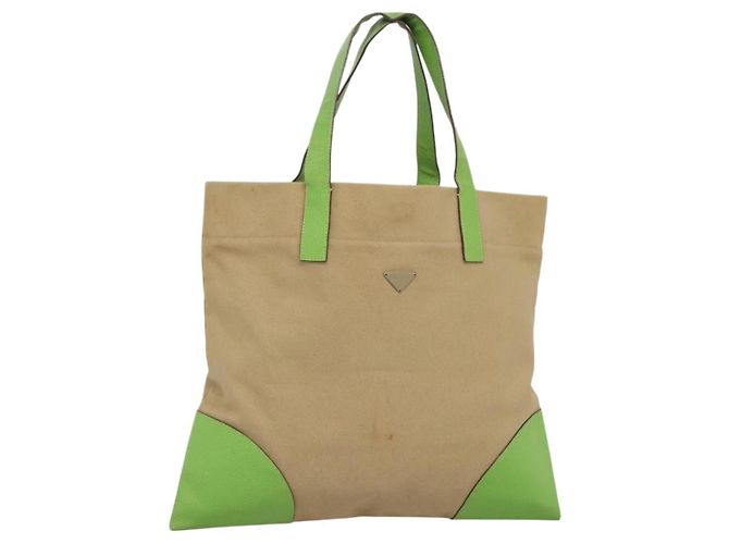 PRADA Bolsa Tote Lona Bege Prata Auth BD1531