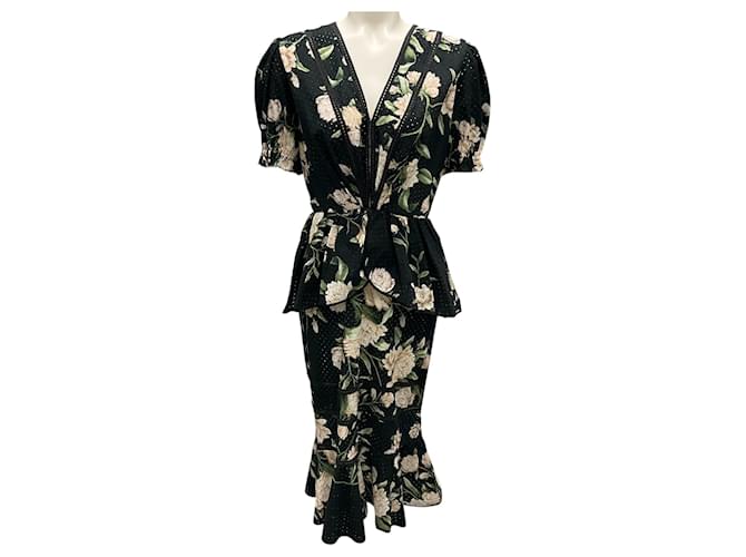 Autre Marque Johanna Ortiz Black / Ecru Floral Print Eyelet Oriental State Dress Cotton  ref.2154947