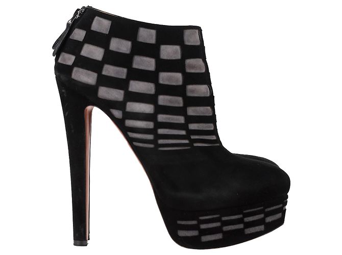 Alaïa Laser Cut Platform Ankle Boots in Black Suede