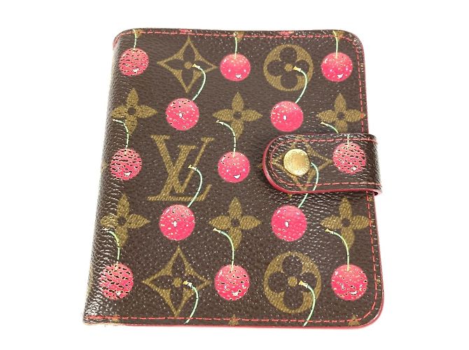Louis Vuitton Monogram Cherry Takashi Murakami Compact Zip Wallet Brown Red