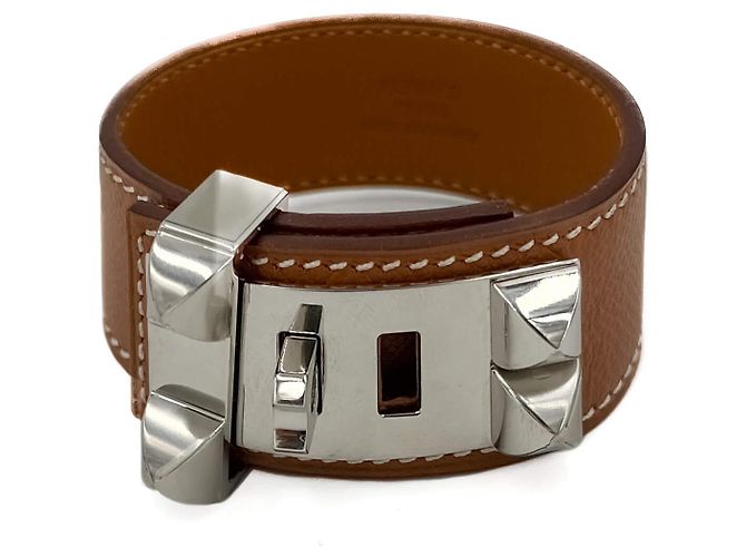 Hermès Pulseira de couro Collier de Chien T2 Paládio Caramelo