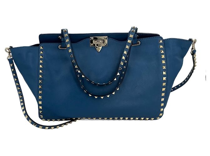 Valentino Garavani Bolsa tote média em couro de bezerro Rockstud de 2 maneiras azul