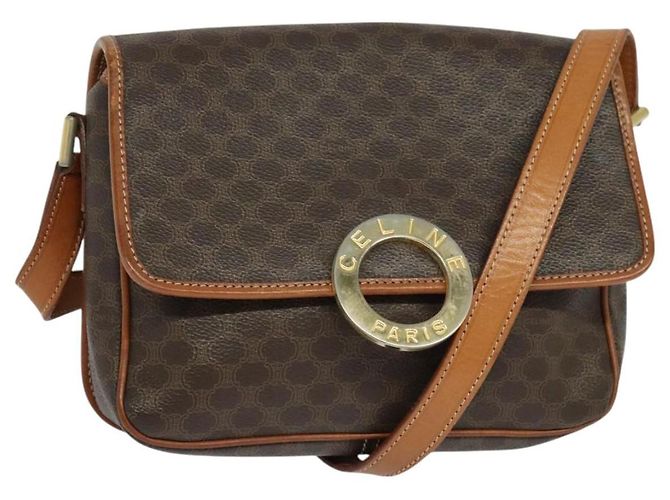 Céline Bolsa de ombro em lona Macadam CELINE em couro PVC marrom dourado Auth KD334
