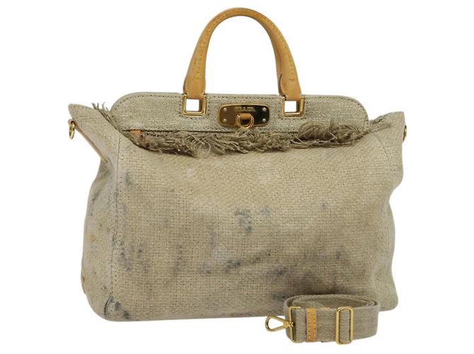 PRADA Handtasche Canvas 2-Wege Beige Gold Auth BD1555 Golden