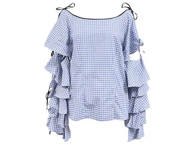 Autre Marque Top de manga rizada Amelie Gingham de Caroline Constas en algodón azul claro