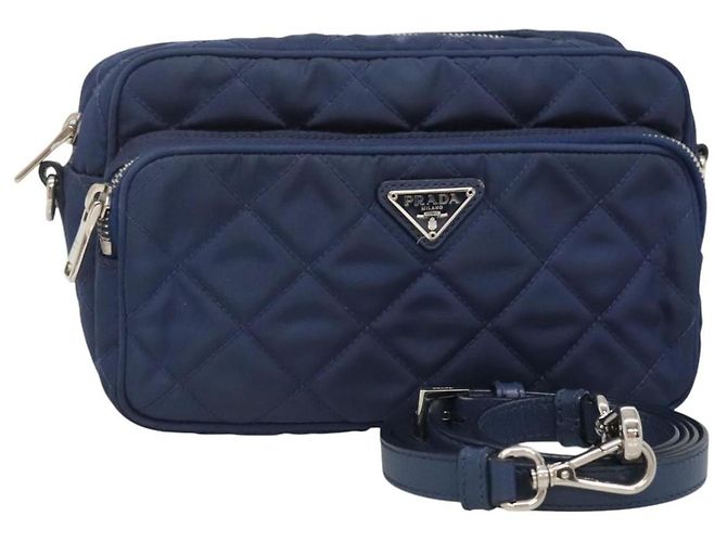 PRADA Sac à épaule matelassé en nylon bleu argent Auth KD263 Argenté