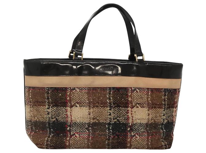Borsa a mano Burberry Nova Check in lana marrone oro nero Auth BD1582 D'oro