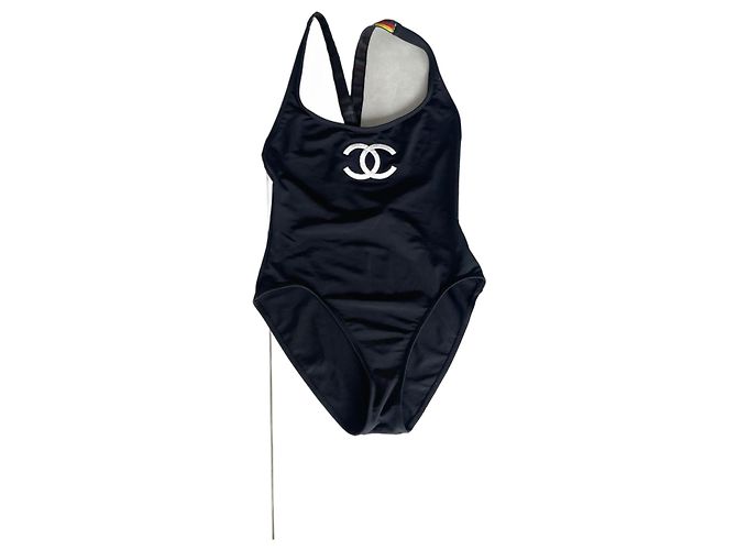 Chanel Einteiler Badeanzug Schwarz Weiß mit weißer CC Stickerei